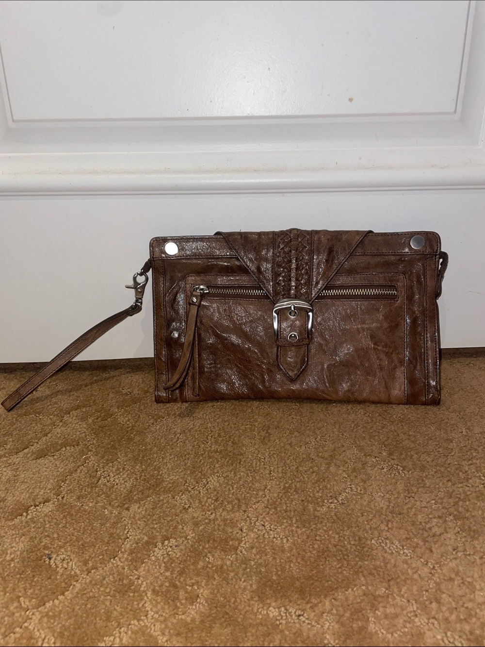 Junior Drake Brown Leather Wristlet Clutch with Front Buckle